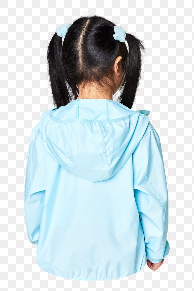 Png girl wearing blue jacket back view sticker, transparent background