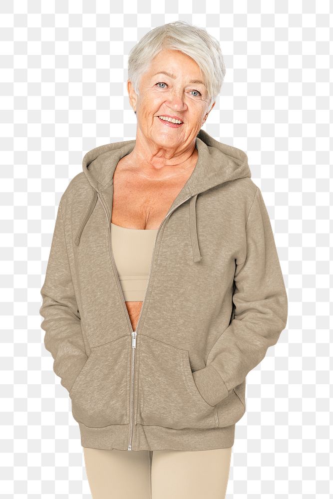 Senior woman png sticker, wearing beige jacket, transparent background