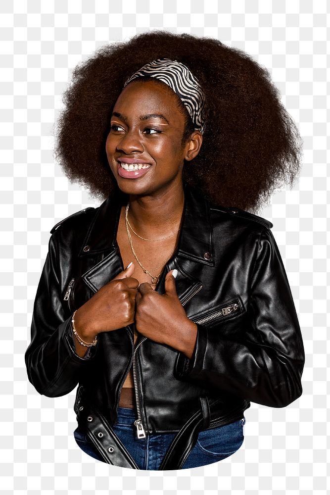 Png African woman in leather jacket sticker, transparent background
