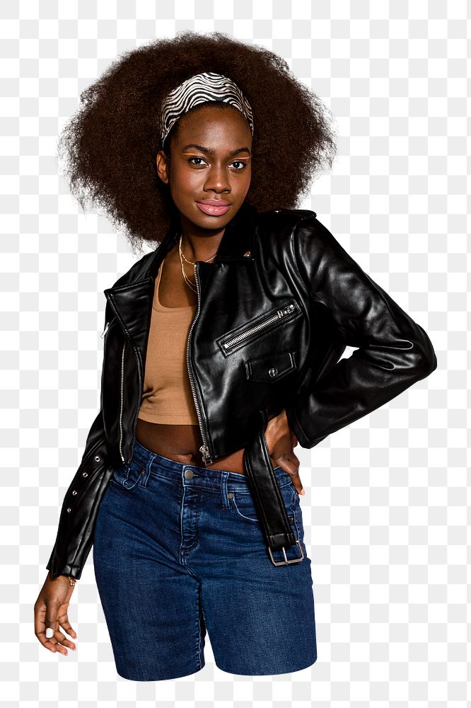 Png African woman in leather jacket fashion sticker, transparent background