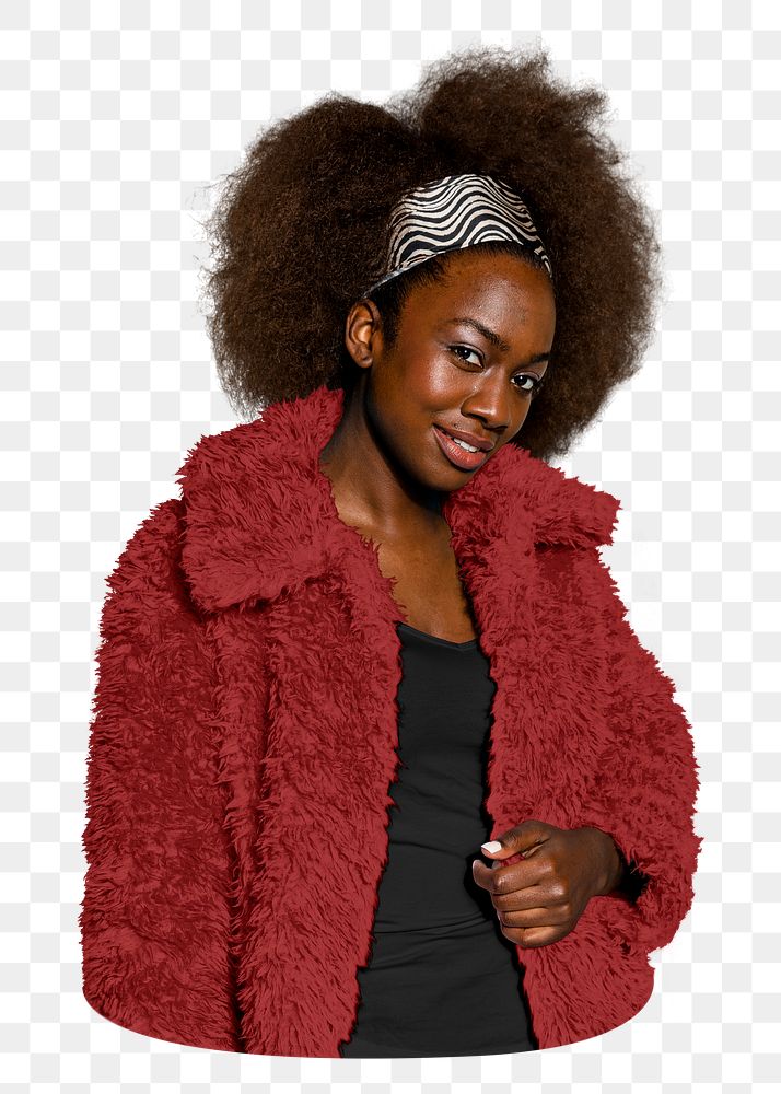 Png black woman in red coat sticker, transparent background