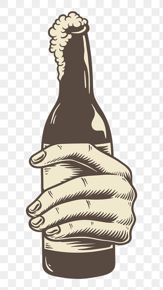 PNG hand holding a beer bottle, illustration, collage element, transparent background