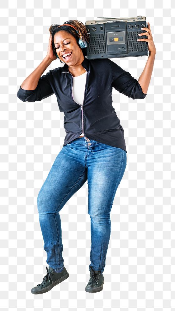 Woman holding boombox png, transparent background
