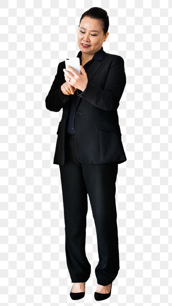 Businesswoman using smartphone png sticker, transparent background