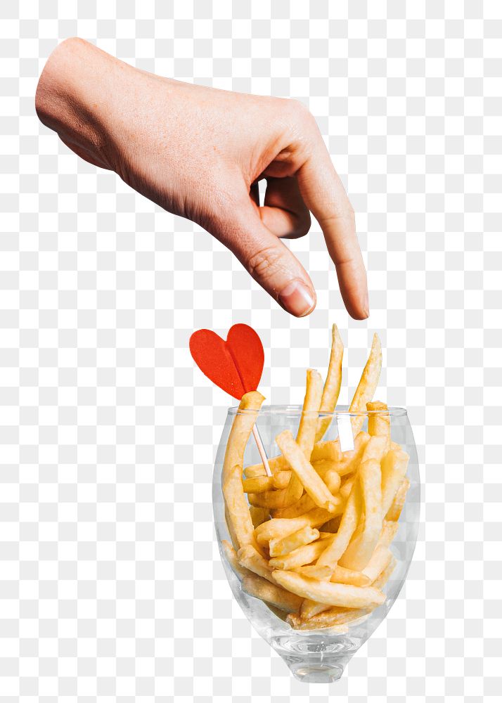 Hand picking fries from cup png, transparent background