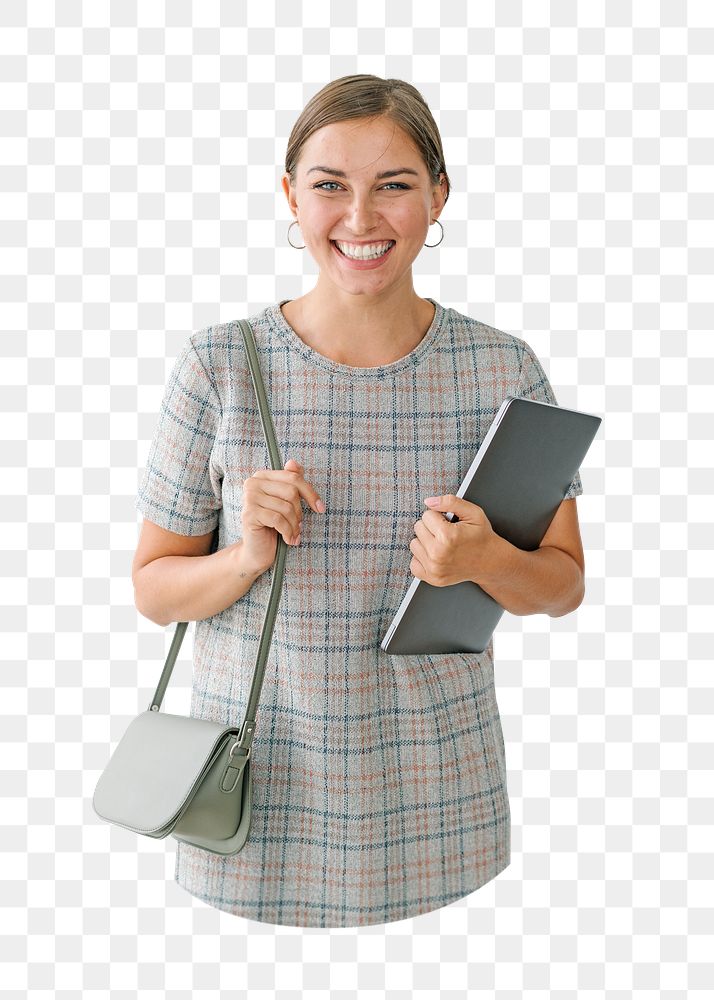 Businesswoman holding laptop png, transparent background