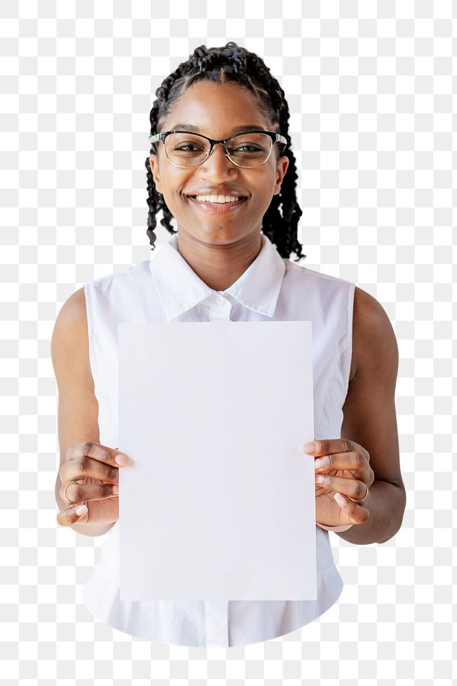 Png black woman holding paper sticker, transparent background
