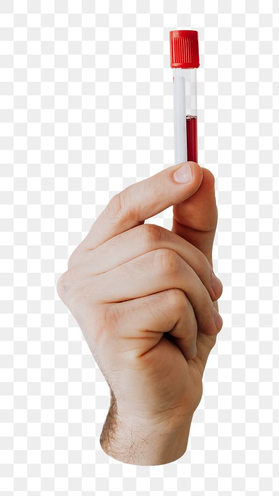 Hand holding png blood test tube, transparent background