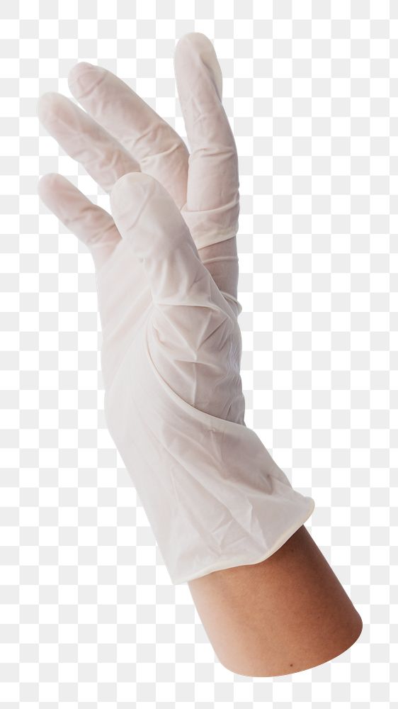 Png hand wearing a white latex glove on transparent background