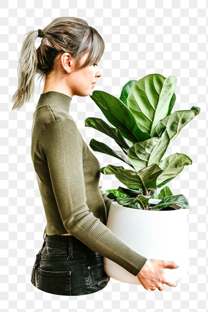 Woman png  carrying houseplant, transparent background