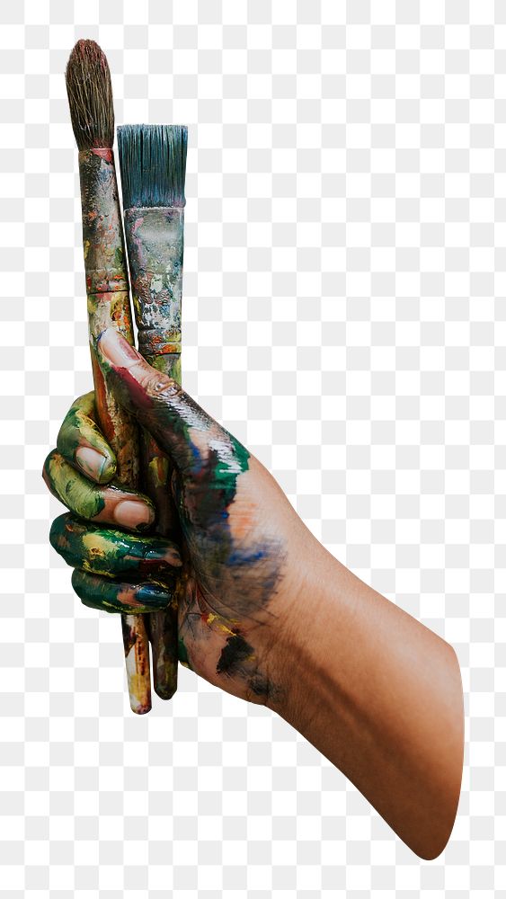 Png hand holding paint brush sticker, transparent background