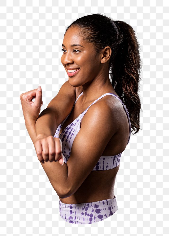 Sporty woman png stretching sticker, transparent background