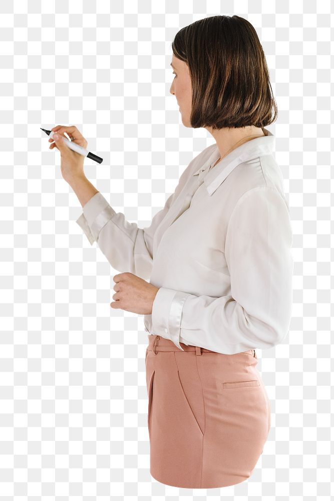 Businesswoman holding marker png sticker, transparent background