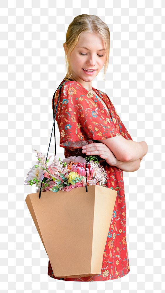 Woman carrying flower bouquet png, transparent background