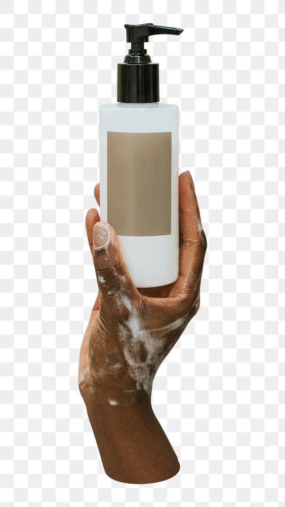 Png hand holding soap bottle sticker, transparent background