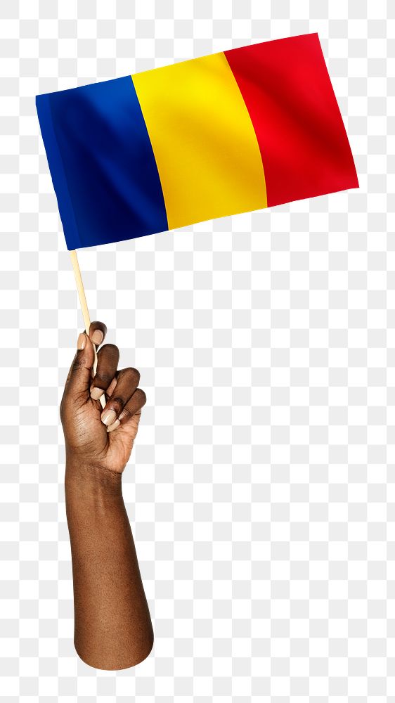 Romania's flag png in black hand on transparent background