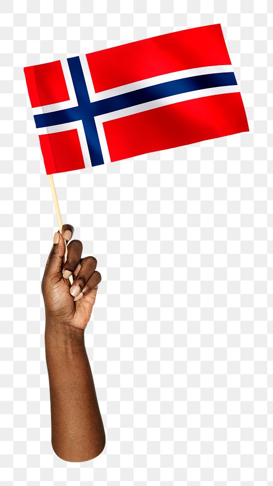 Norwegian flag png in black hand, national symbol on transparent background