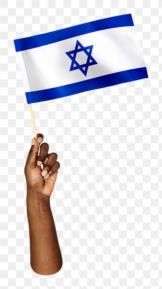 Israel's flag png in black hand, national symbol on transparent background