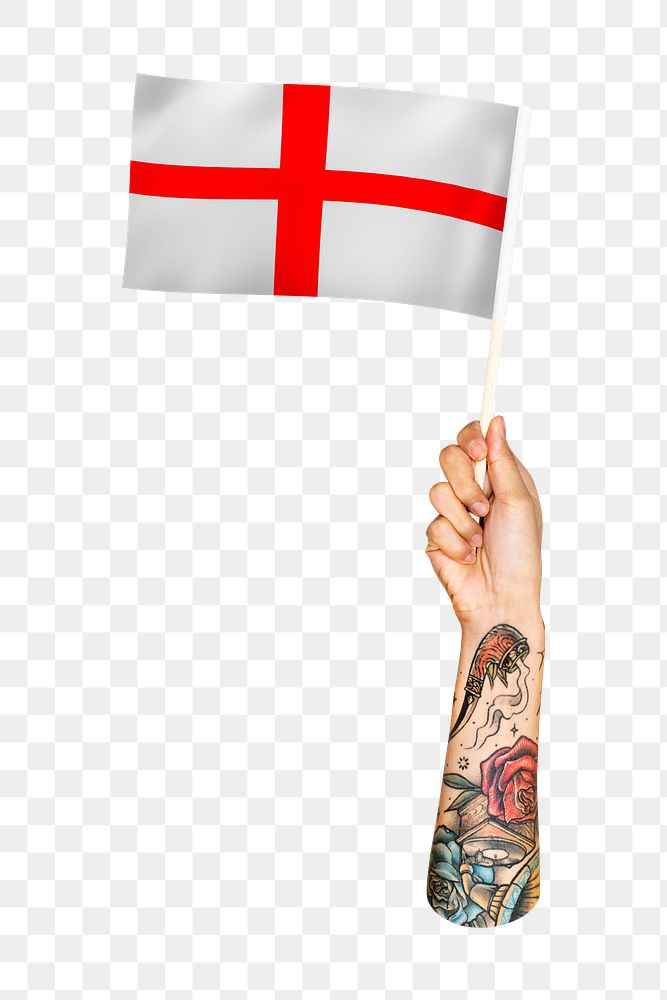 Png England's flag in tattooed hand, national symbol, transparent background