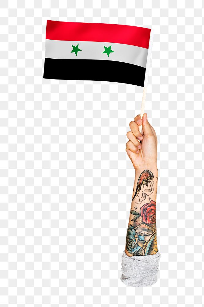 Png Syria's flag in tattooed hand, national symbol, transparent background