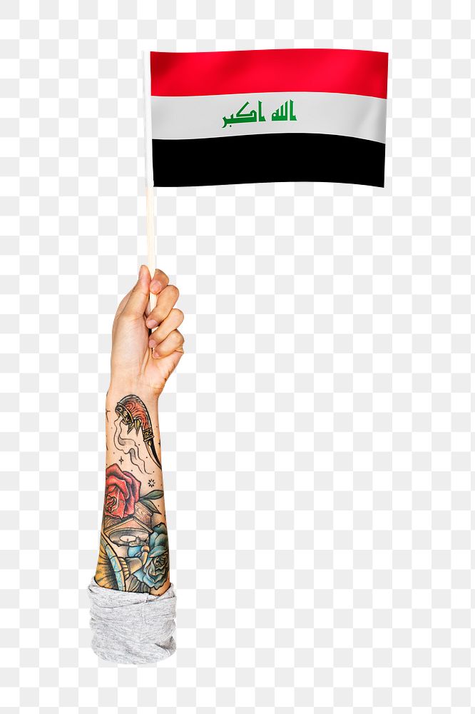 Png Iraq's flag in tattooed hand, national symbol, transparent background