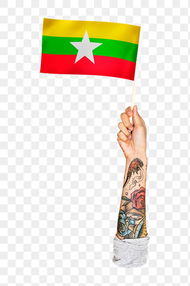 Png Myanmar's flag in tattooed hand, national symbol, transparent background