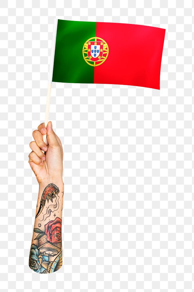 Png Portugal's flag in tattooed hand, national symbol, transparent background