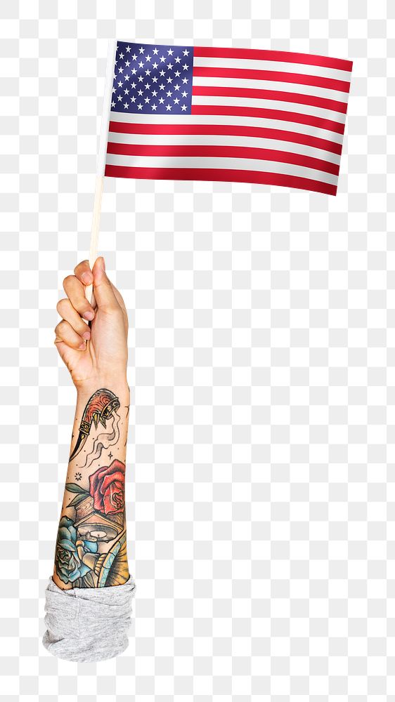 Png hand holding USA flag,  transparent background
