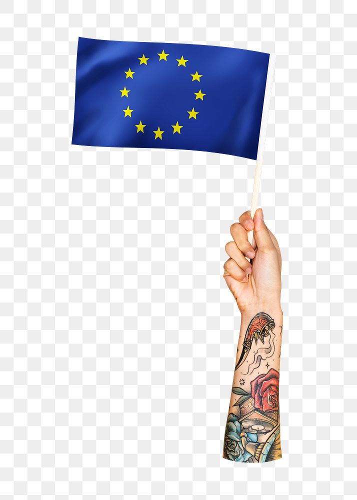 Png European Union flag in tattooed hand, national symbol, transparent background