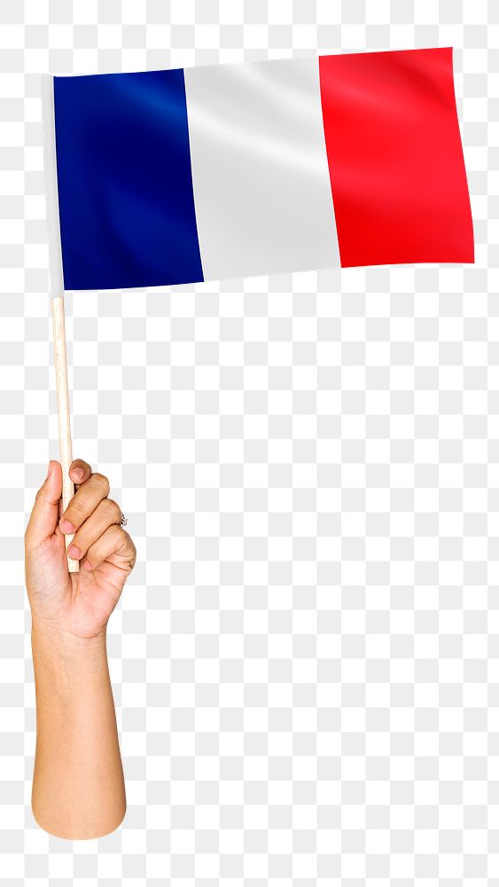 Png French flag in hand, national symbol, transparent background