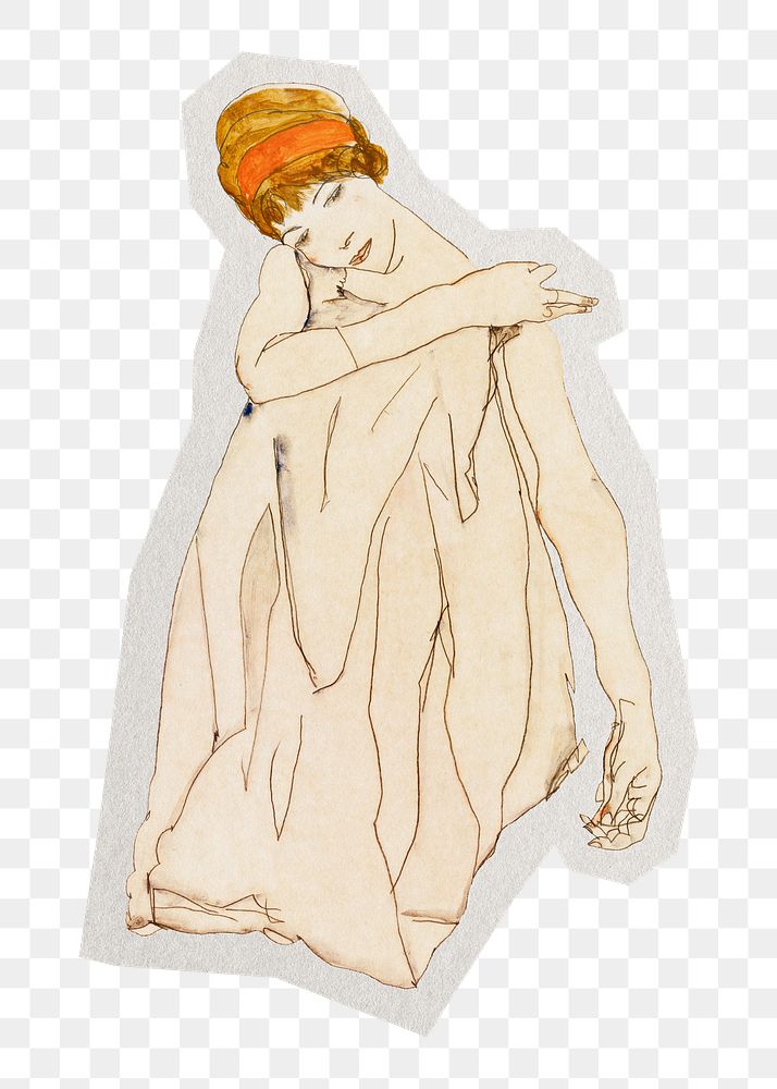 PNG Egon Schiele&rsquo;s Dancer sticker with white border, transparent background, artwork remixed by rawpixel.