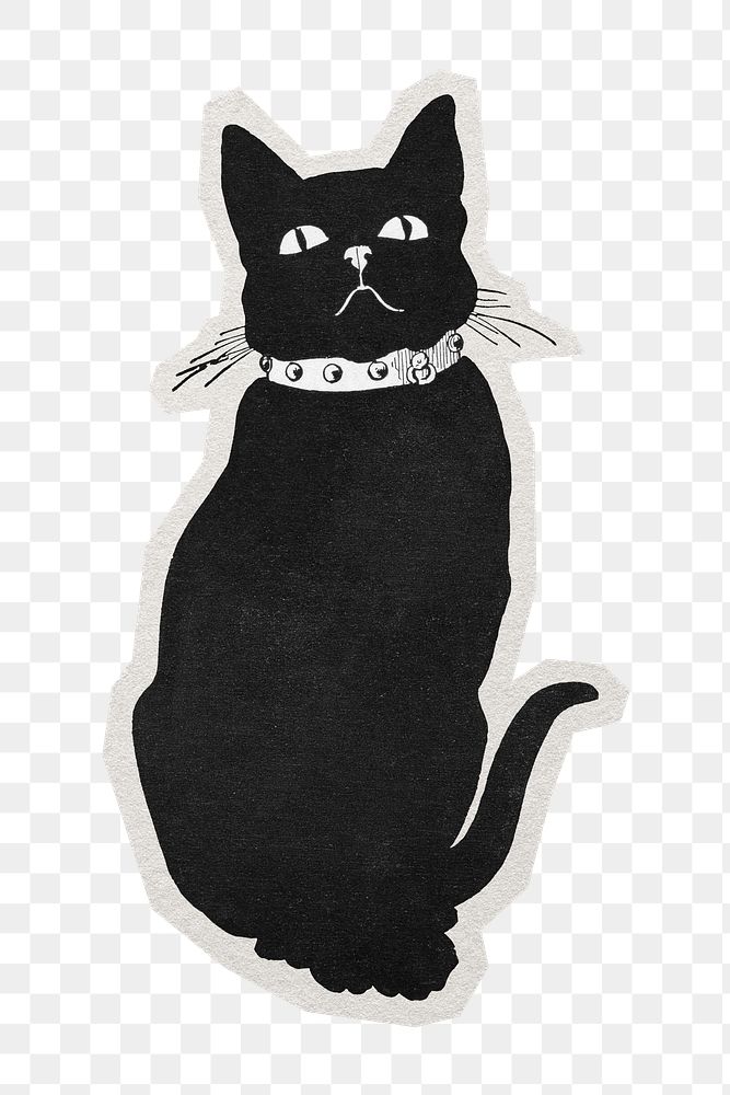 PNG black Cat sticker with white border,  transparent background 