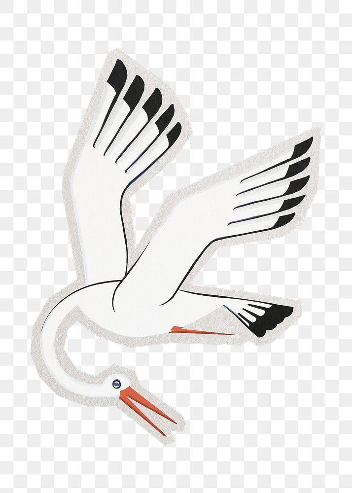 PNG flying crane sticker with white border bird,  transparent background