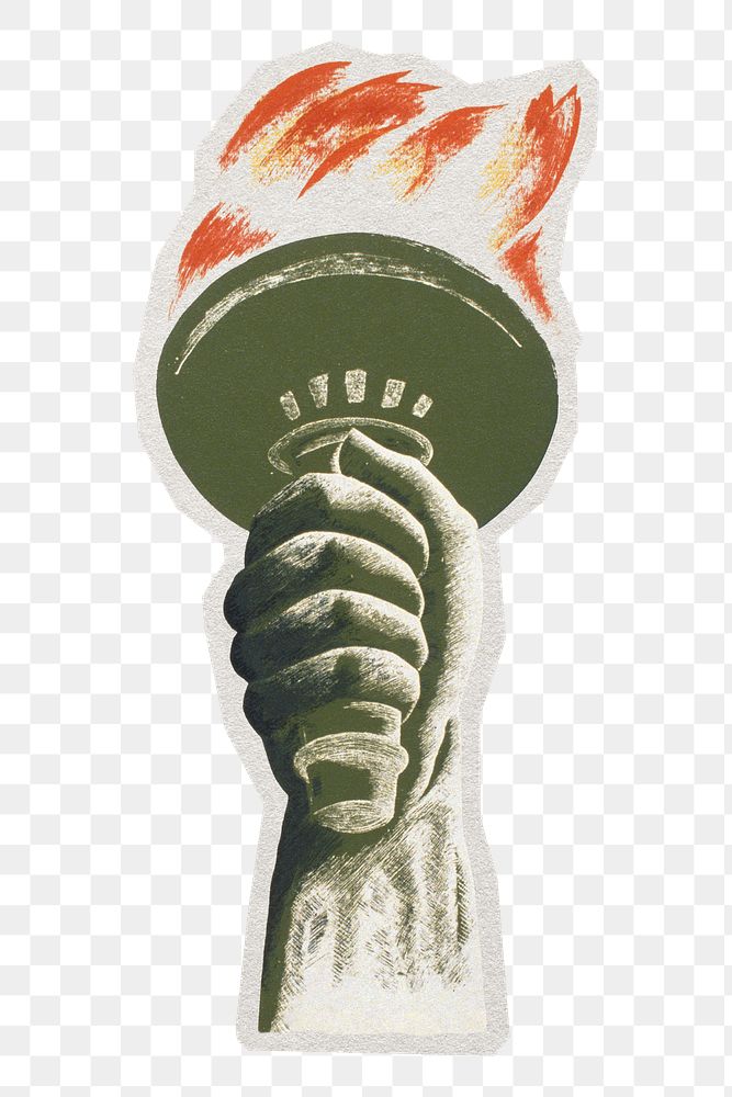 PNG democracy Statue of Liberty torch sticker with white border,  transparent background 