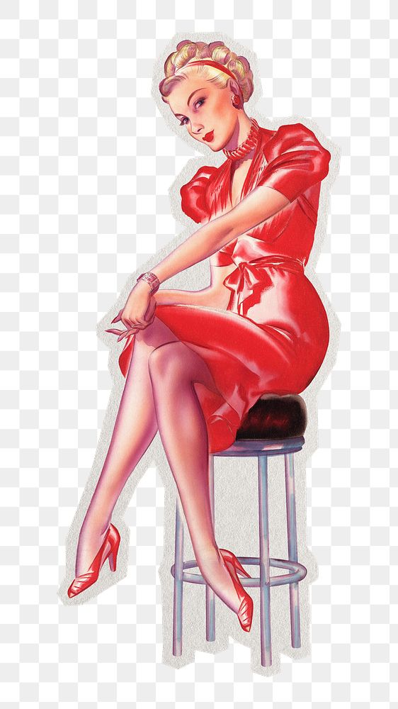 PNG hot woman red dress sticker with white border,  transparent background 