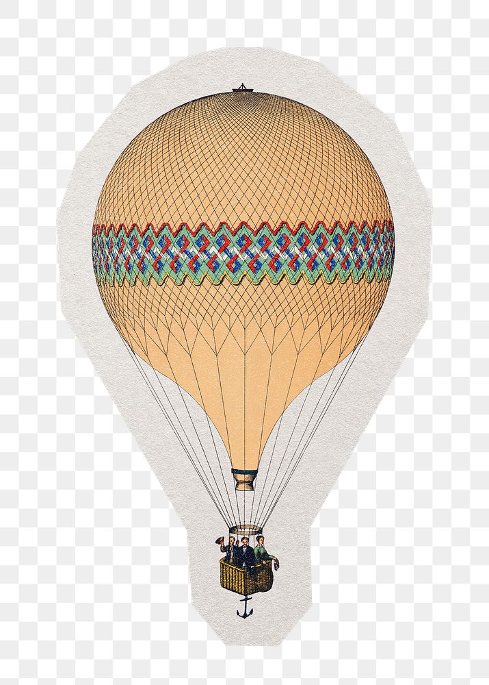 PNG vintage air balloon sticker with white border, transparent background