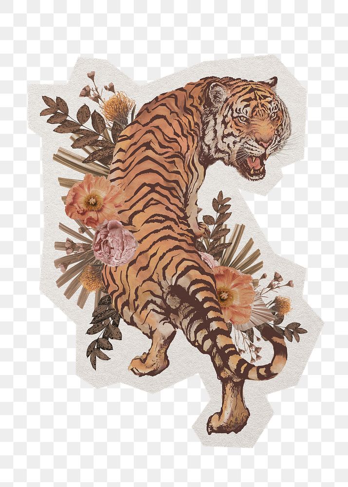 PNG tiger and flower sticker with white border, transparent background