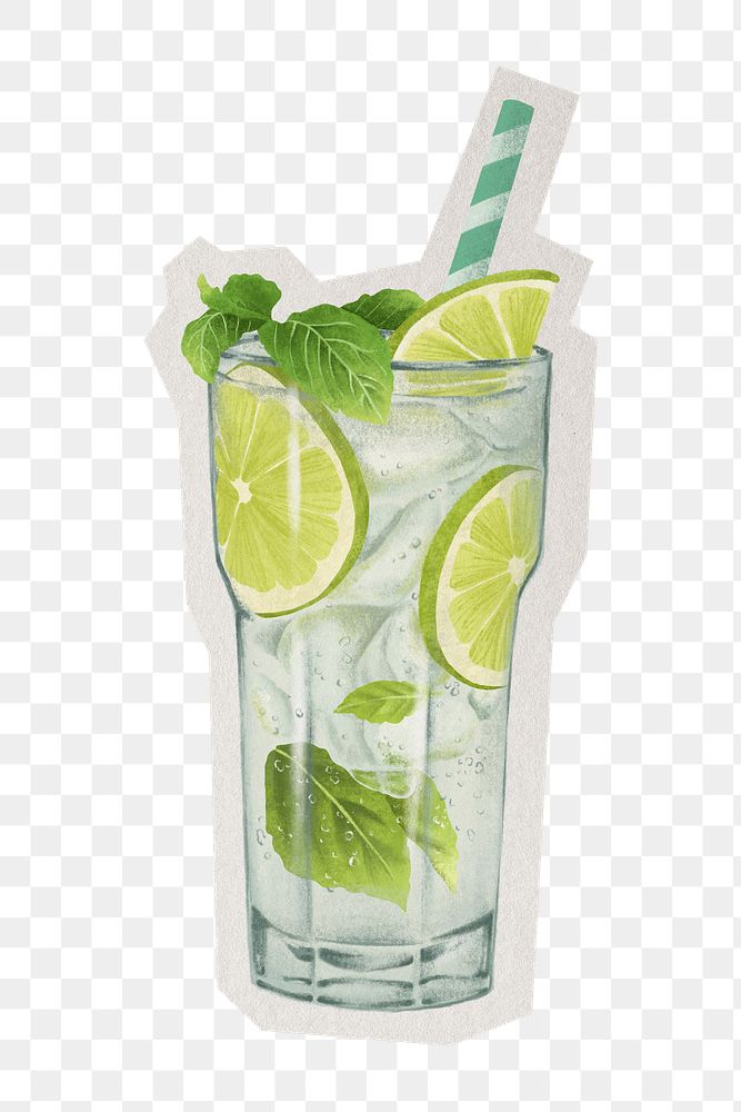 PNG mojito cocktail sticker with white border, drinks illustration, transparent background