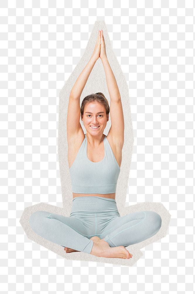 PNG healthy woman doing yoga sticker with white border,  transparent background