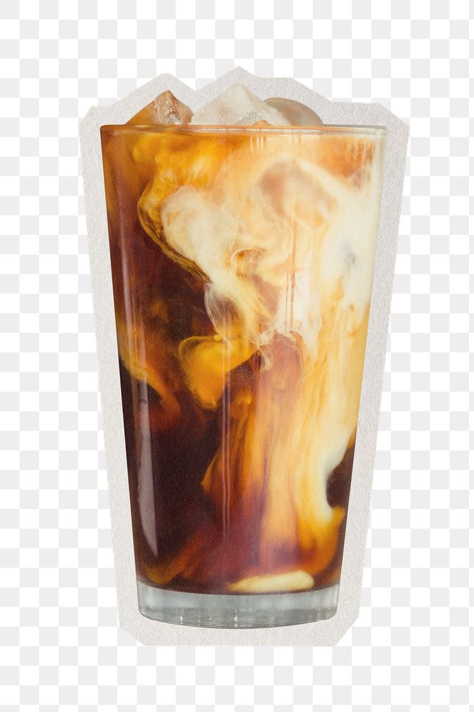 PNG iced latte coffee sticker with white border, refreshment image, transparent background