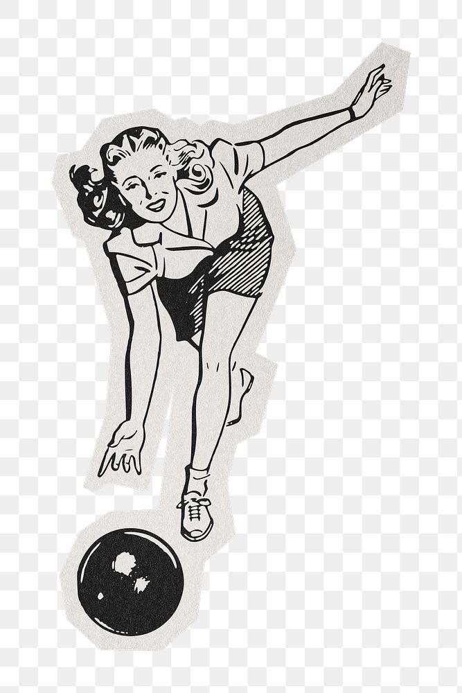 PNG bowling woman vintage sport sticker  white border,  transparent background