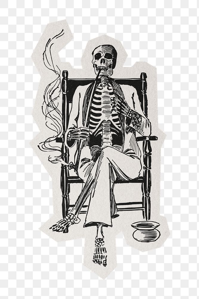 PNG smoking skeleton sticker  white border, transparent background