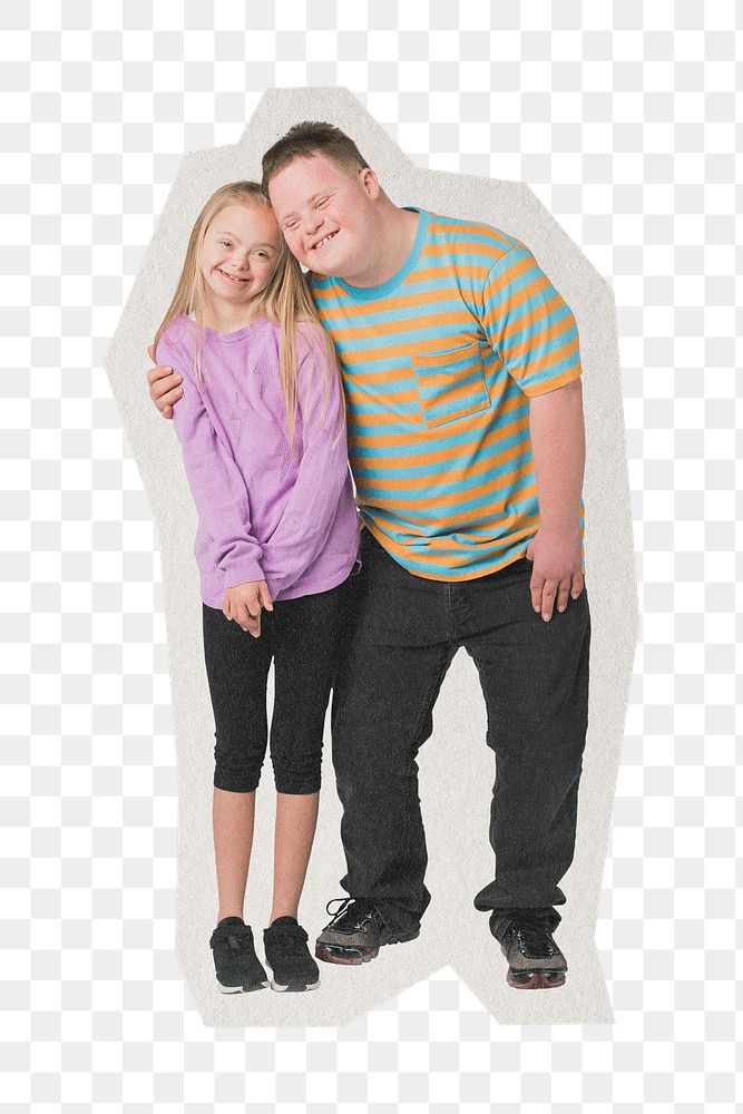 PNG Cute siblings, people with down syndrome sticker white border, transparent background