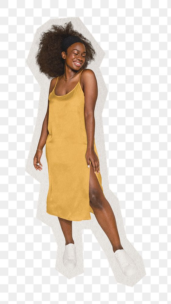 PNG yellow dress girl sticker  white border,  transparent background