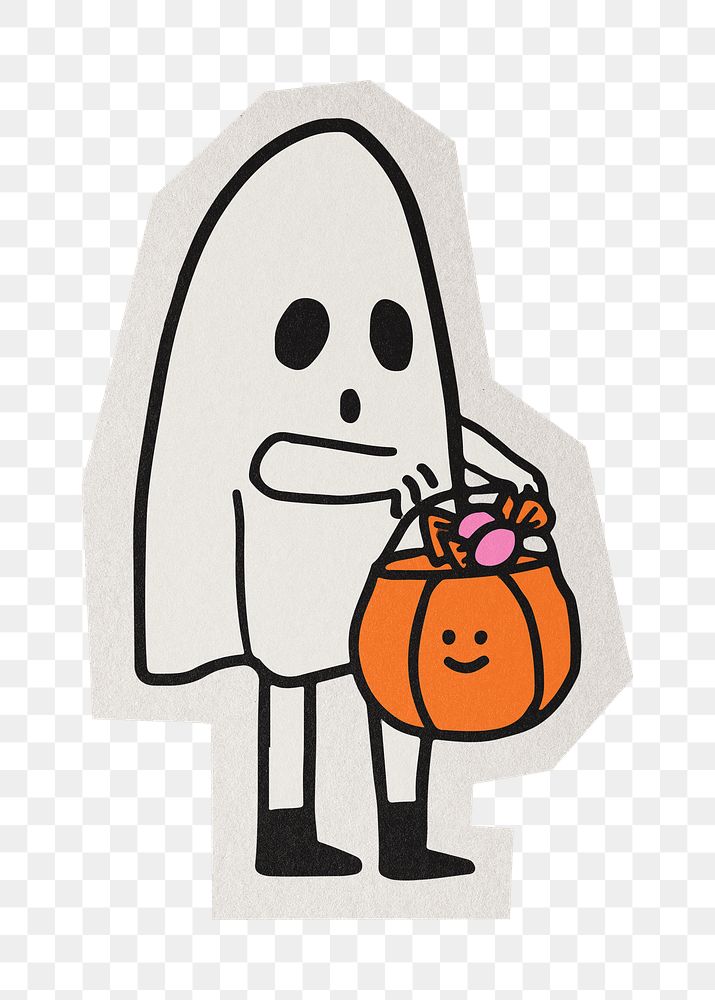 PNG cute ghost halloween sticker  white border, transparent background
