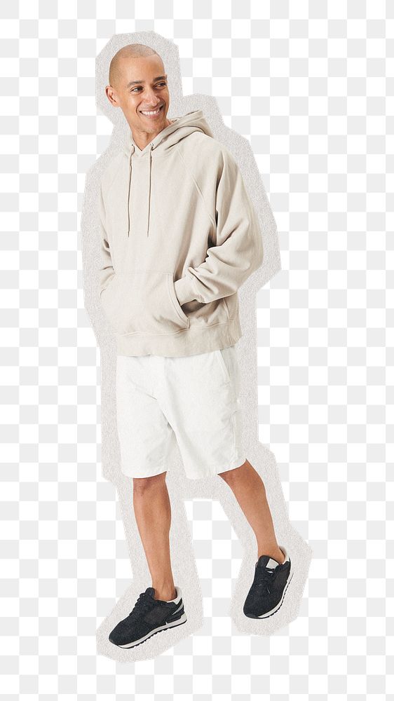 PNG man wearing  beige hoodie sticker with white border,  transparent background