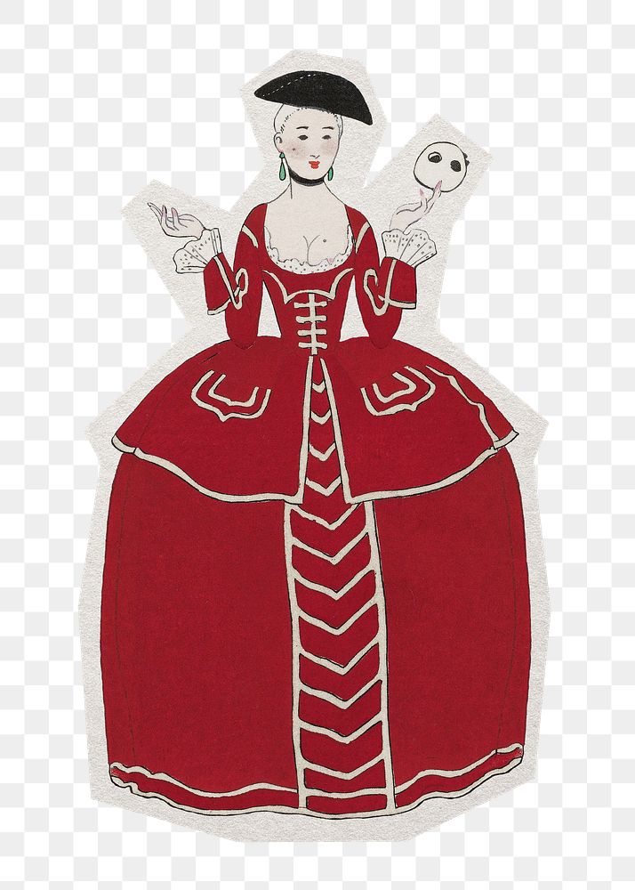 PNG red victorian dress woman sticker with white border,  transparent background