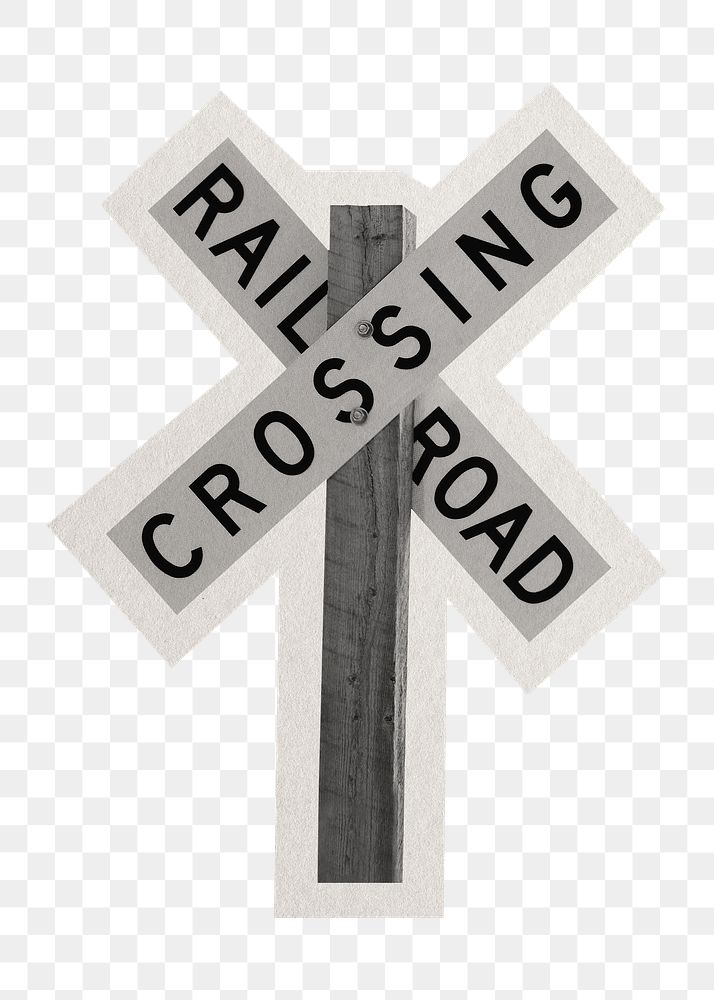 PNG railroad crossing sign sticker with white border, transparent background