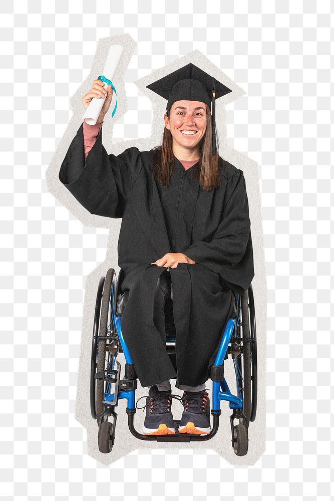 Png happy graduated girl in a wheelchair sticker, paper cut on transparent background