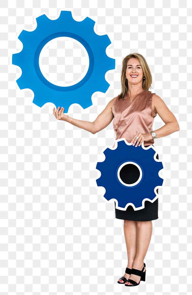 Png Woman & two gears, transparent background